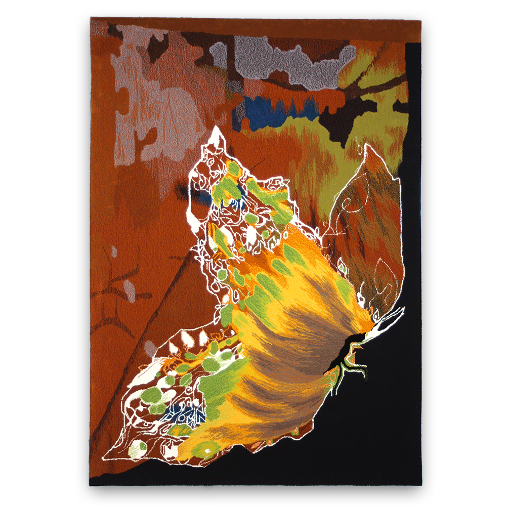 A colorful hand tufted wall carpet featuring butterfly wings