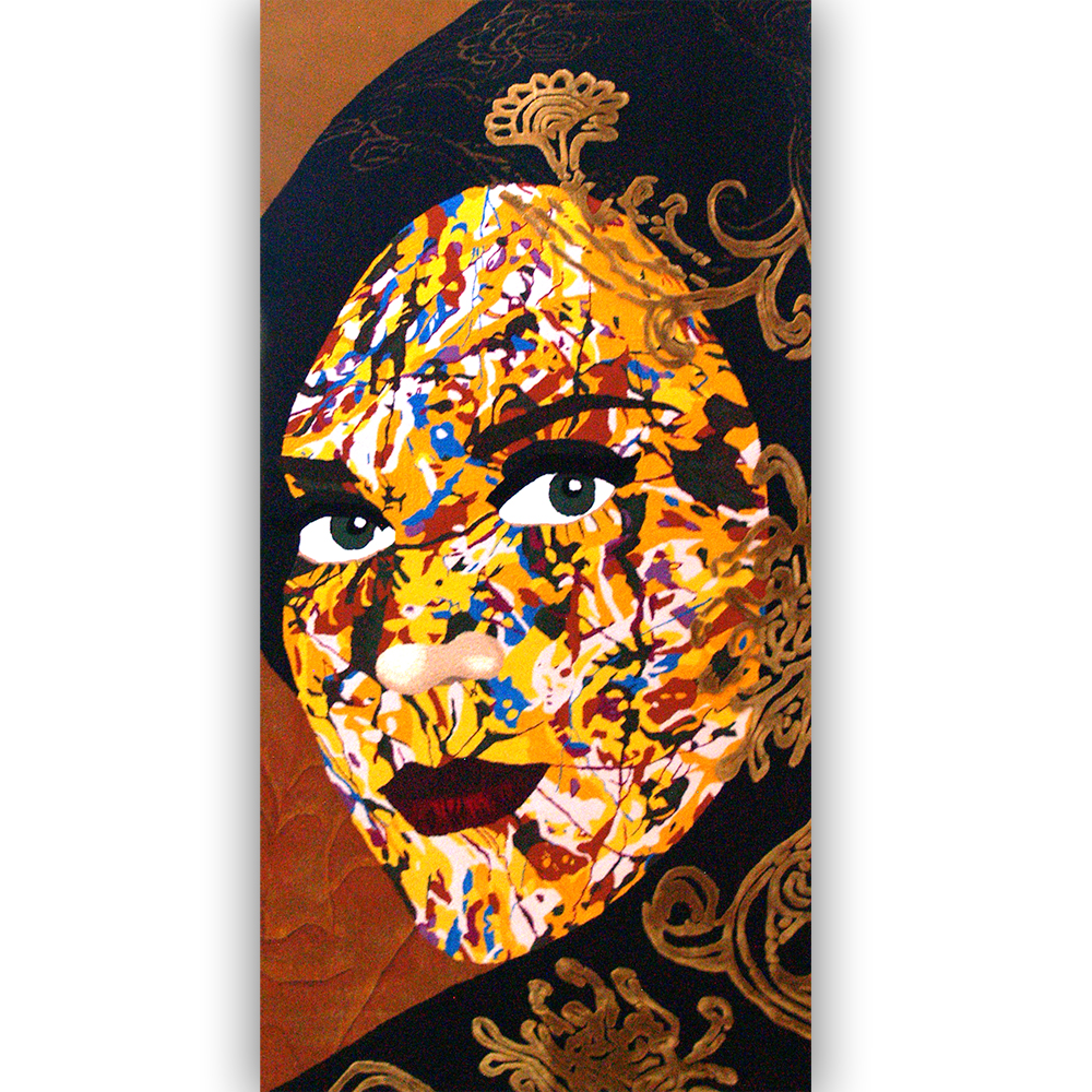 A colorful hand tufted wall carpet with a womans portrait